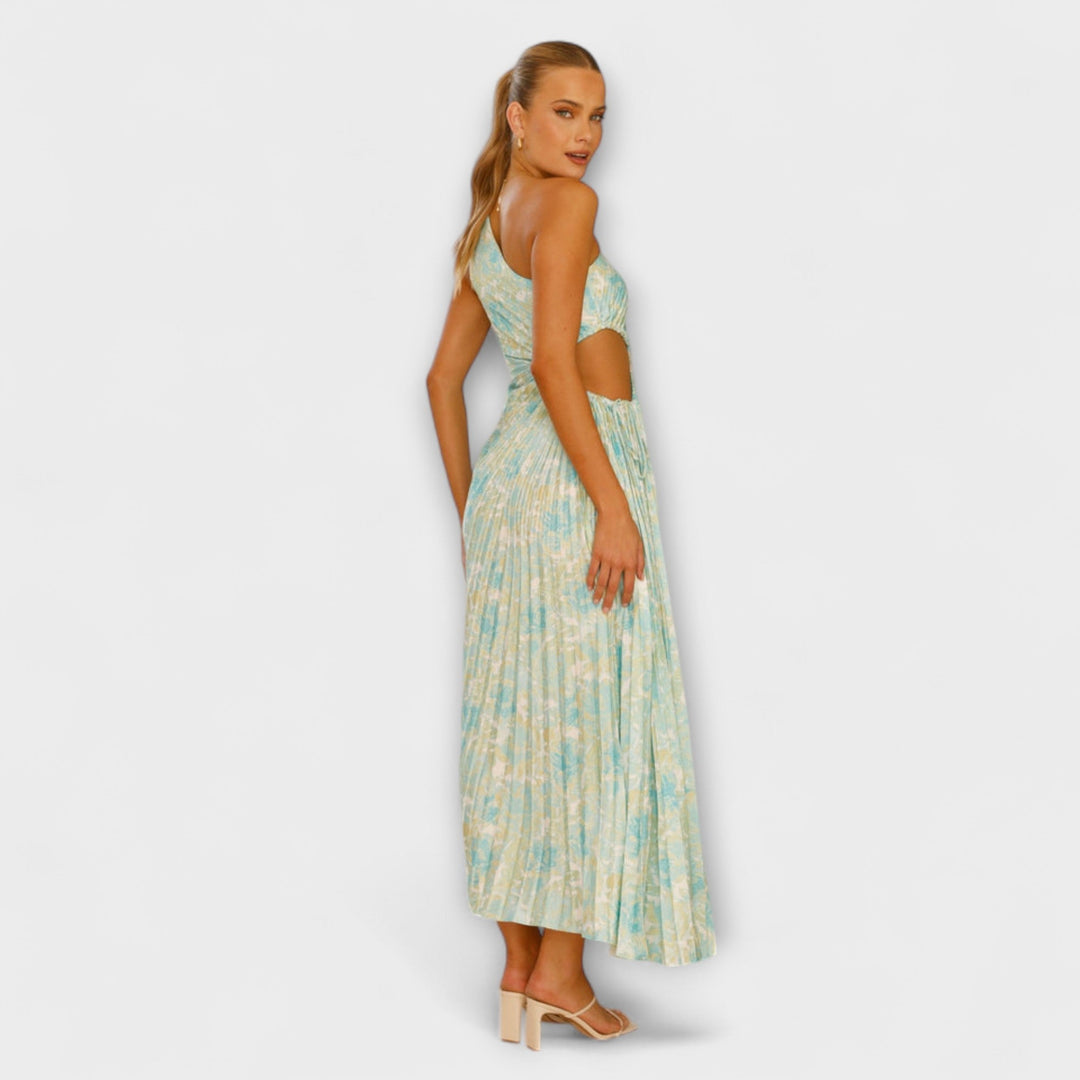 Sienna - Vestido maxí azul con cut-out y estampado de acuarela