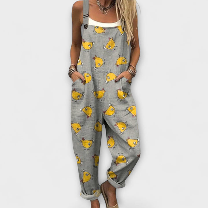 Aurore - Pantalón de tirantes gris con estampado de pollitos