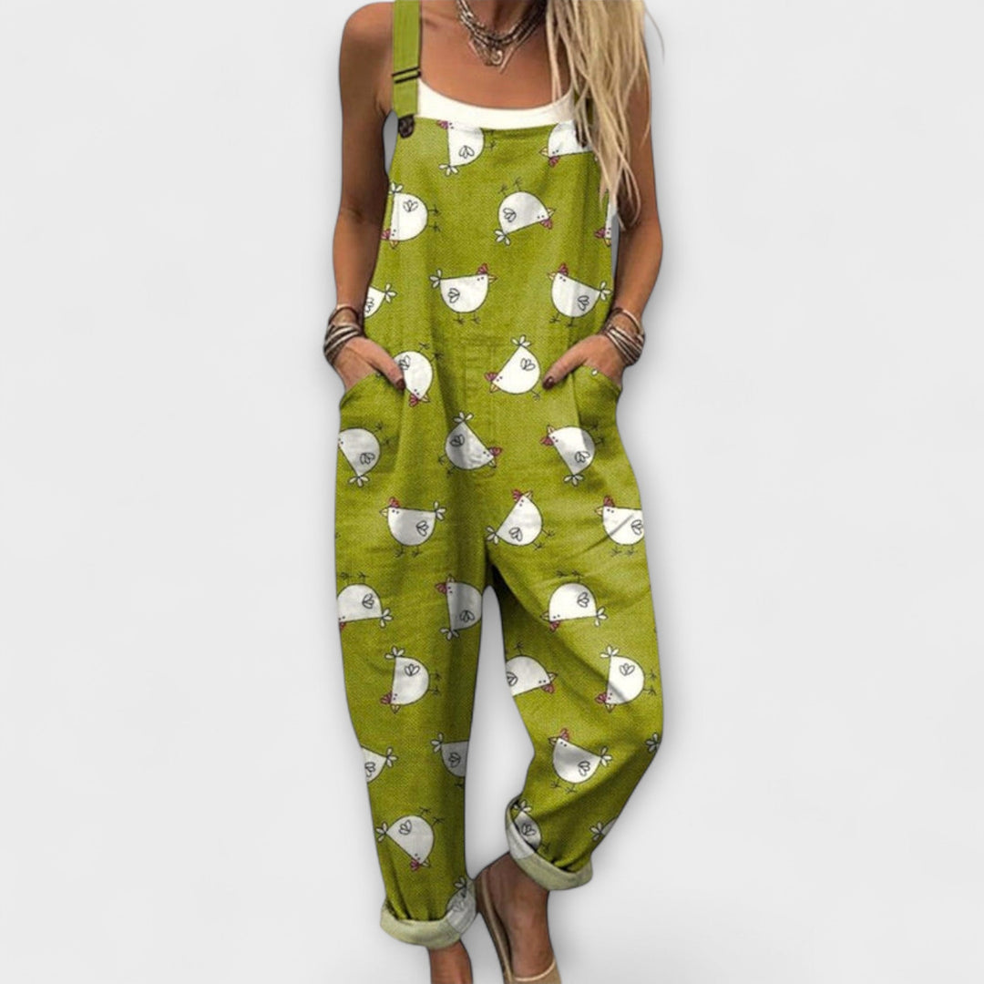 Aurore - Pantalón de tirantes gris con estampado de pollitos