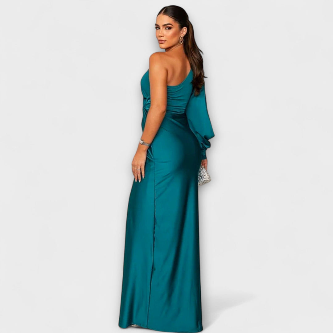 Elisa - Vestido de un solo hombro en color petróleo con fruncidos