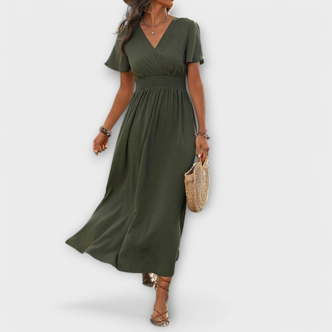 Heather - Vestido boho verde oliva con abertura