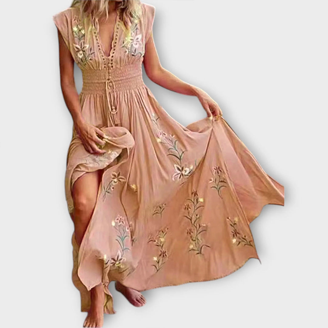 Felizia - Vestido boho rosa con bordados