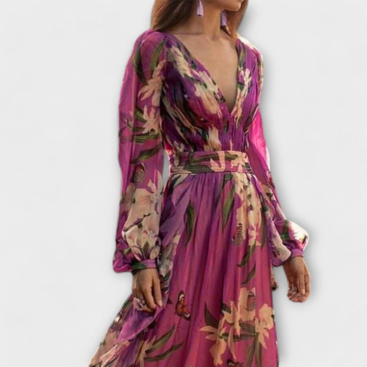 Vestido maxi lila de alta calidad con estampado de flores