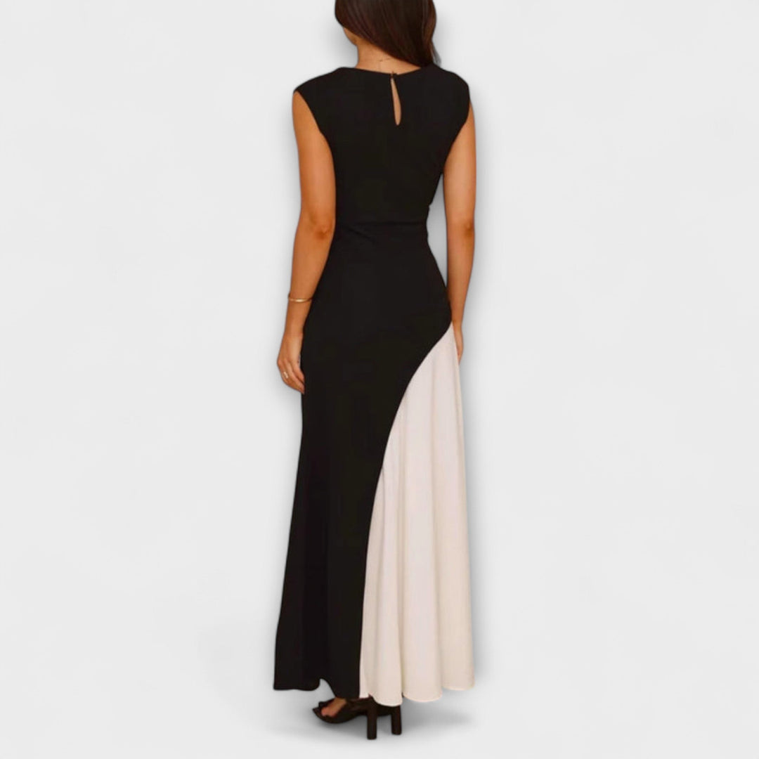Isabel - Maxivestido negro y crema con bloques de color