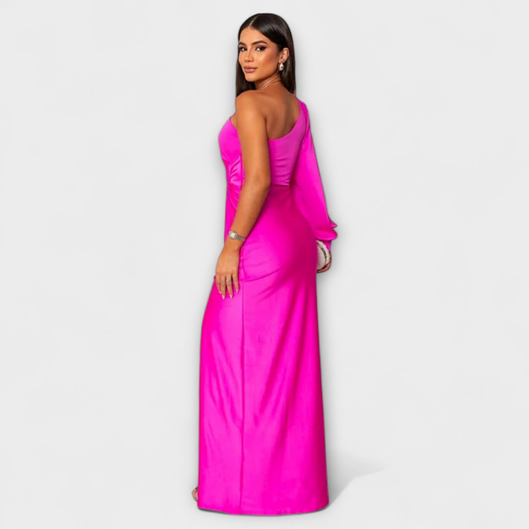 Elisa - Vestido de un solo hombro en color petróleo con fruncidos