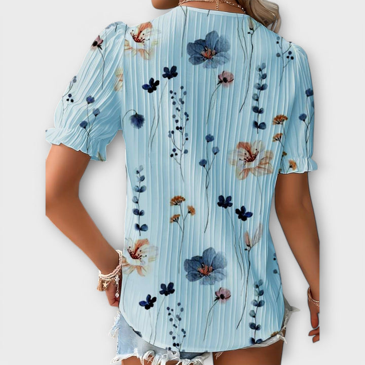 Emily - Blusa rosa con estampado floral y encaje