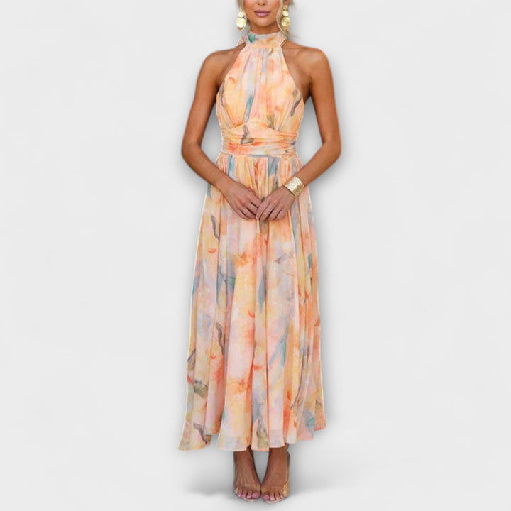 Vestido Maxi de Tirantes Colorido con Estampado Acuarelado y Espalda Descubierta