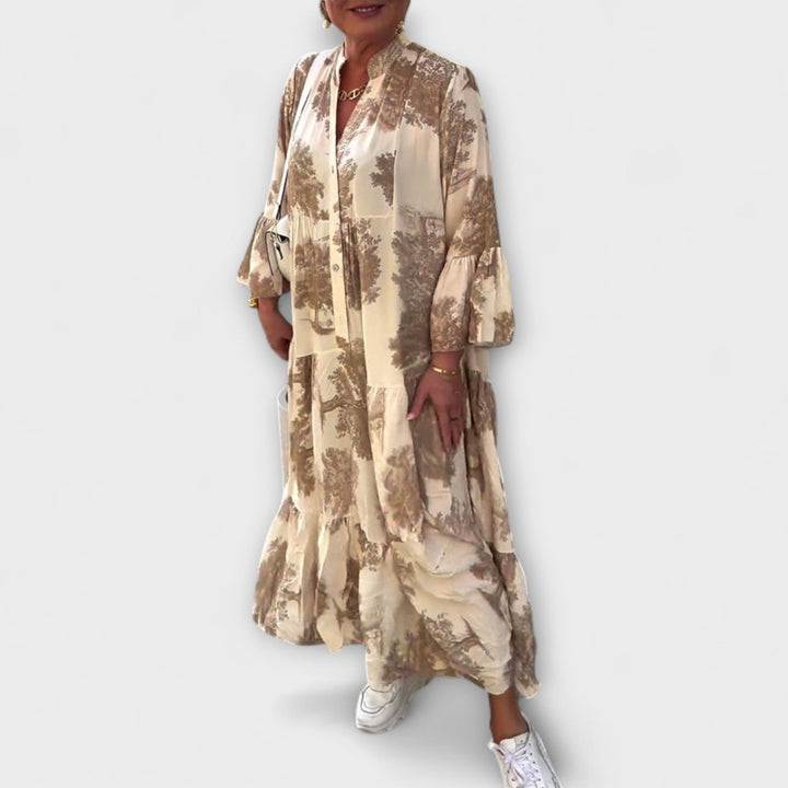 Nerina - Maxivestido beige con estampado de acuarela