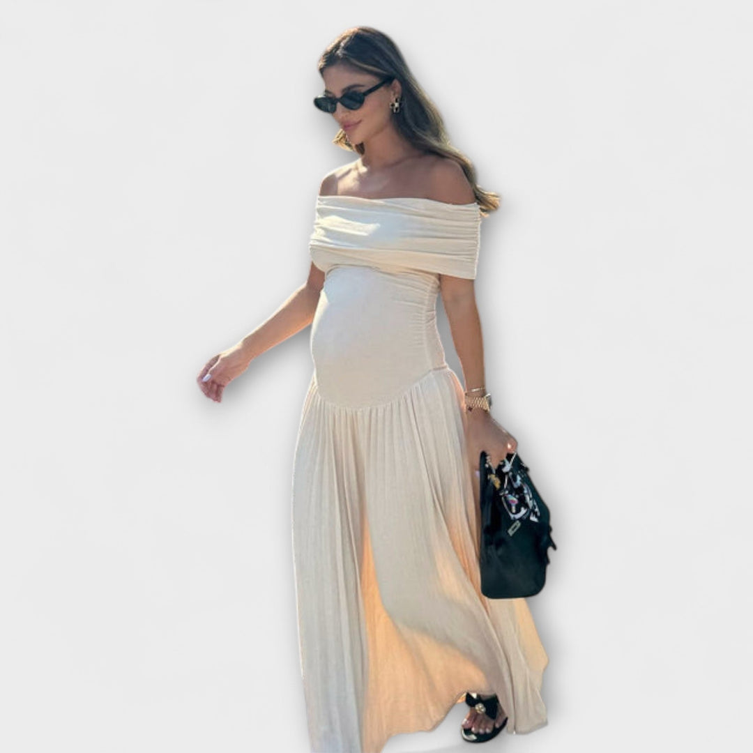 Amara - Vestido de maternidad color crema con pliegues