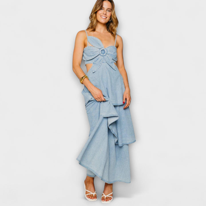 Harmony - Vestido maxi azul claro con drapeado elegante