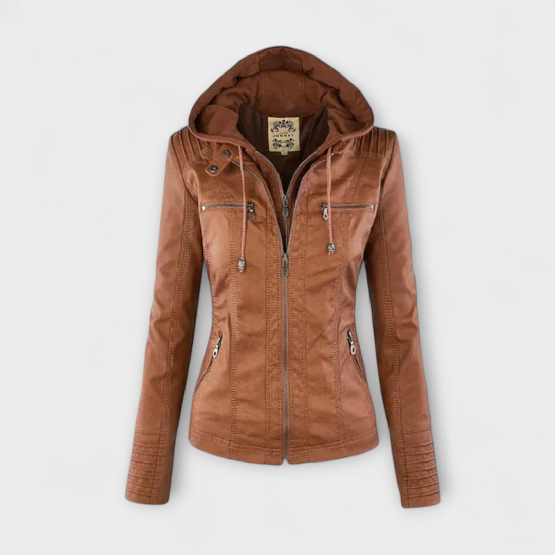 Amélie - Chaqueta de cuero marrón con cuello alto