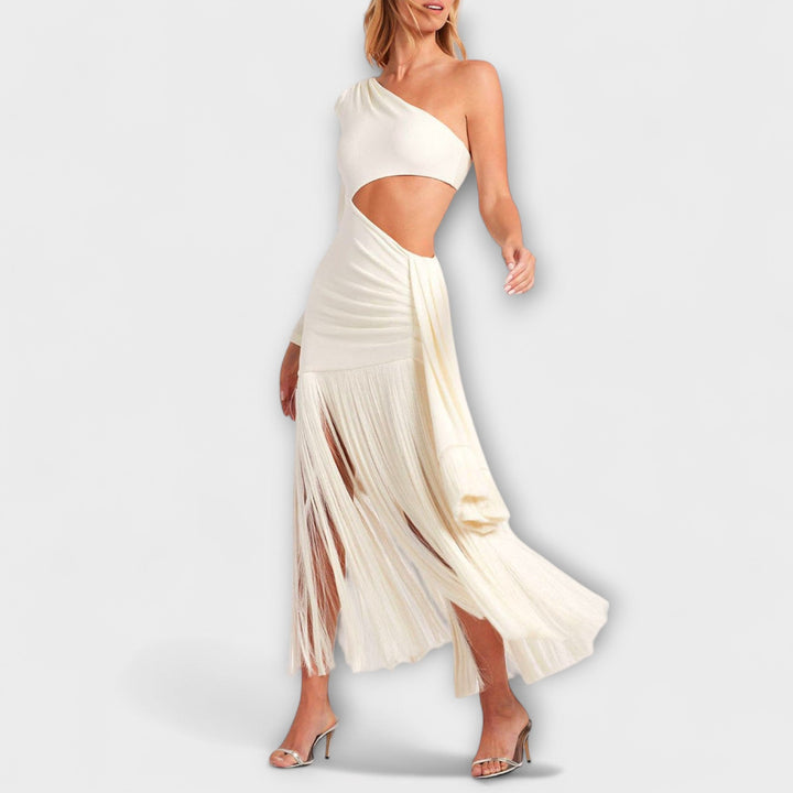 Alice - Vestido maxi crema con cut-out y flecos