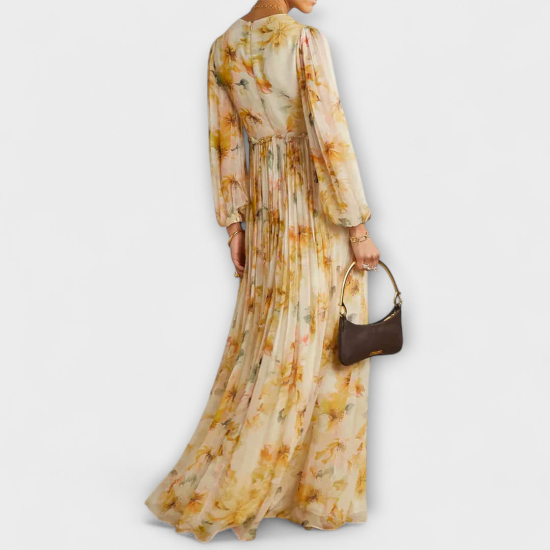 Nele - Vestido maxi amarillo con estampado de flores