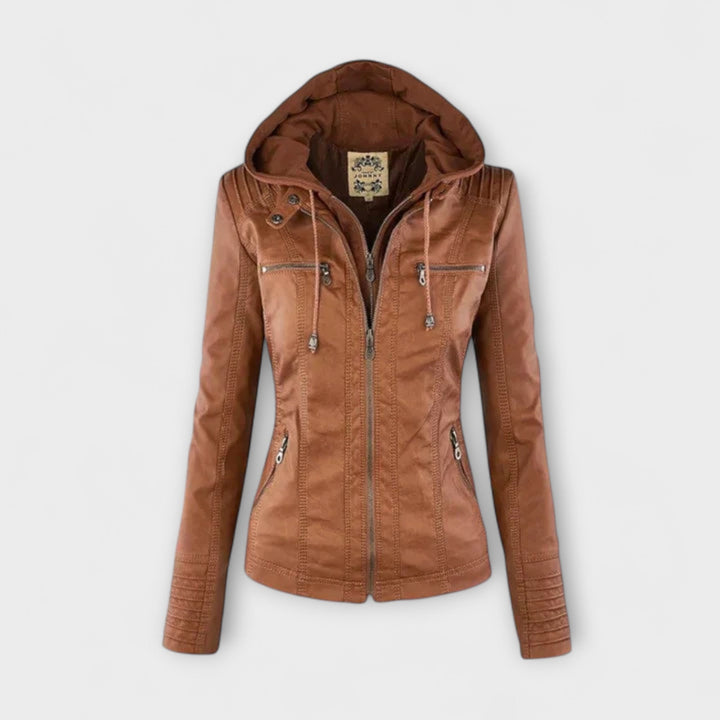 Amélie - Chaqueta de cuero marrón con cuello alto