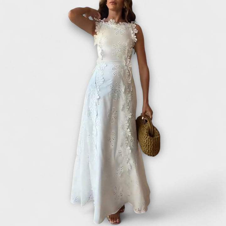 Éliora - Vestido maxi blanco con estampado de flores de encaje