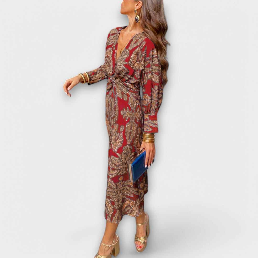 Oriana - Vestido azul con estampado dorado