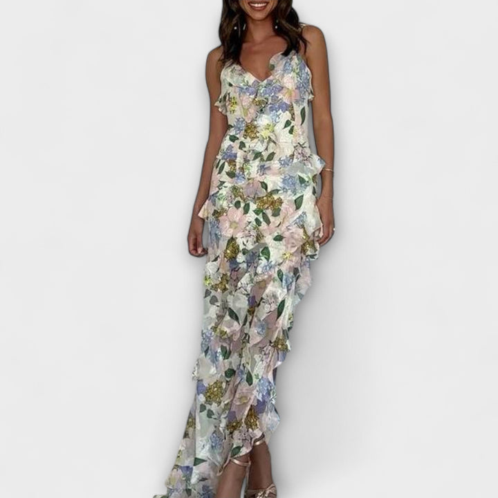 Indie - Vestido maxi colorido con estampado floral y volantes