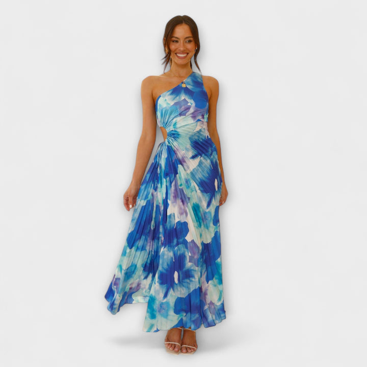 Sienna - Vestido maxí azul con cut-out y estampado de acuarela