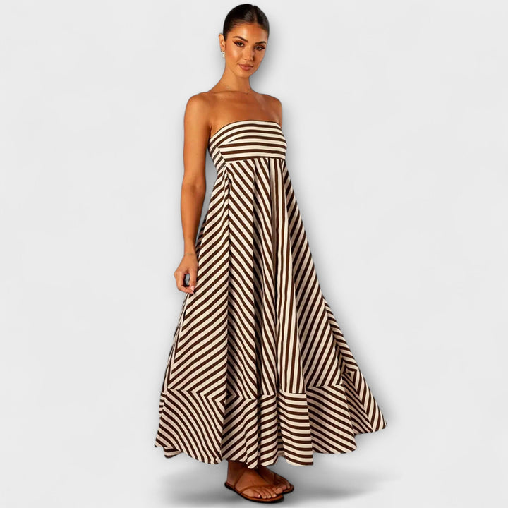 Vestido maxi con volantes a rayas en beige y negro