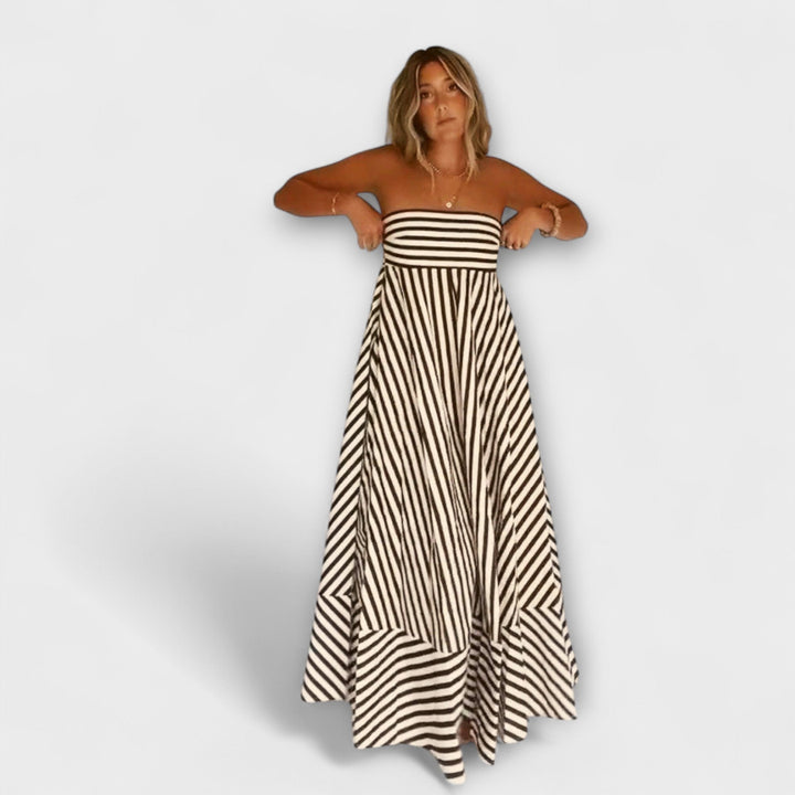 Vestido maxi con volantes a rayas en beige y negro