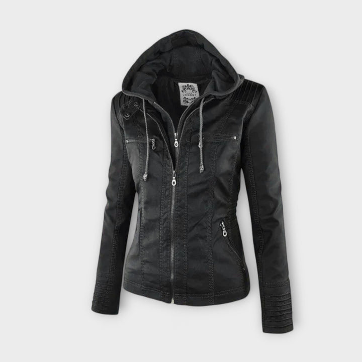 Amélie - Chaqueta de cuero marrón con cuello alto