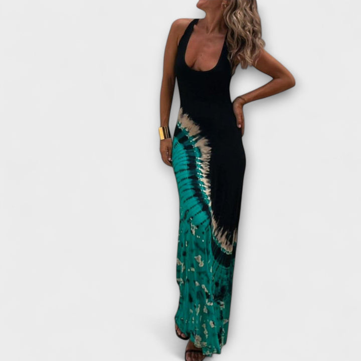 Livia - Vestido maxilargo tie-dye en negro y verde