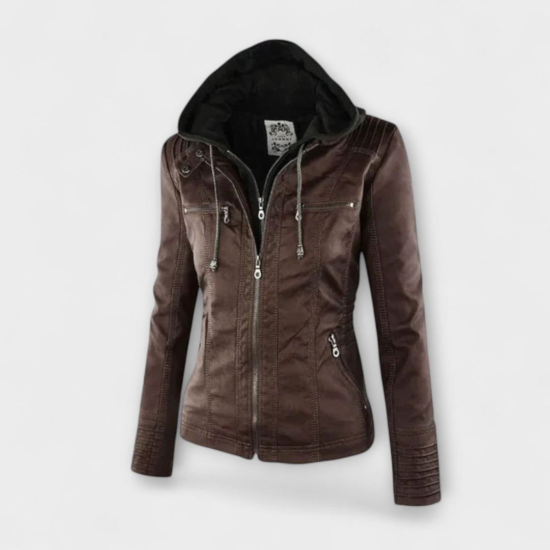 Amélie - Chaqueta de cuero marrón con cuello alto