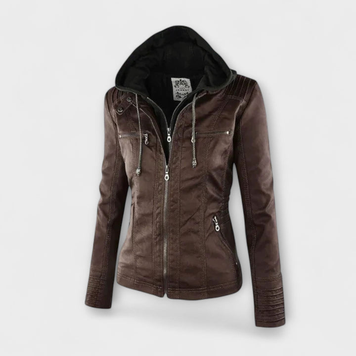 Amélie - Chaqueta de cuero marrón con cuello alto