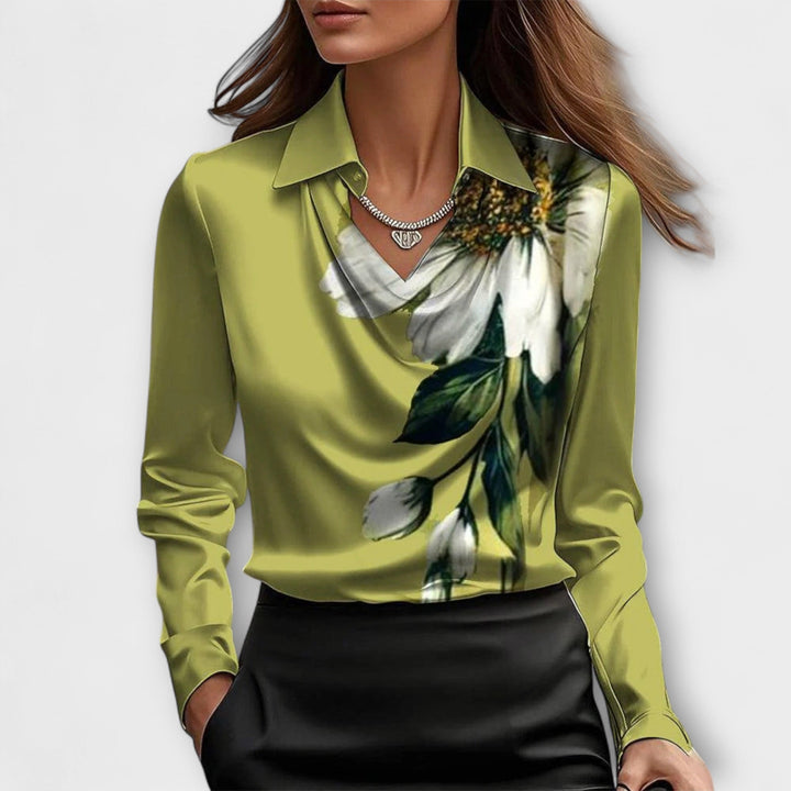 Meli - Blusa brillante color champán con fruncidos