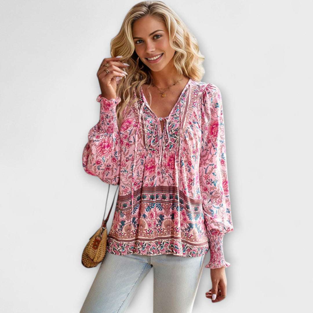 Melodie - Top bohemio con escote en V y lazo frontal