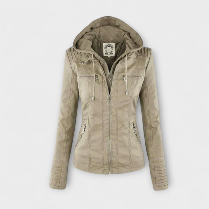 Amélie - Chaqueta de cuero marrón con cuello alto