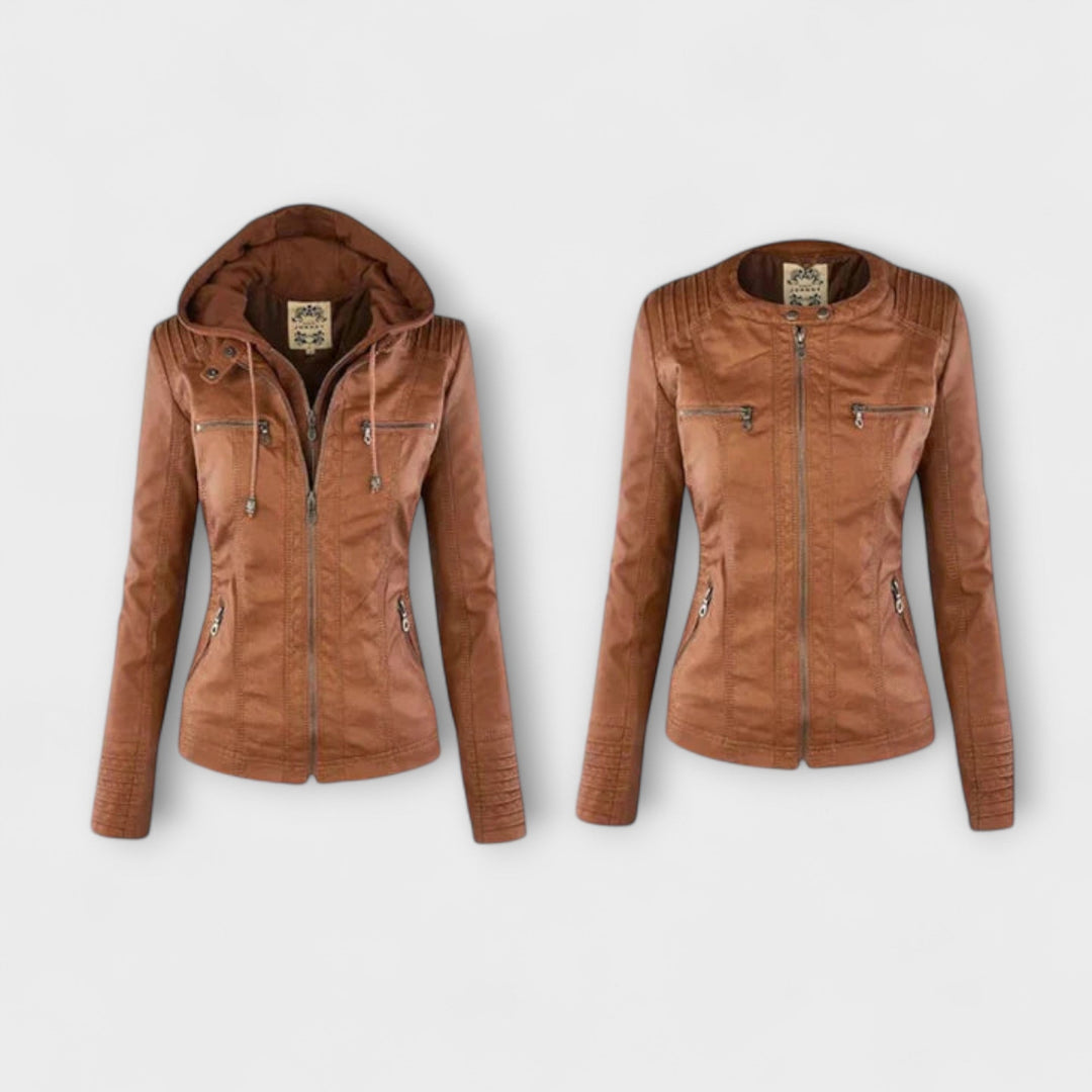 Amélie - Chaqueta de cuero marrón con cuello alto