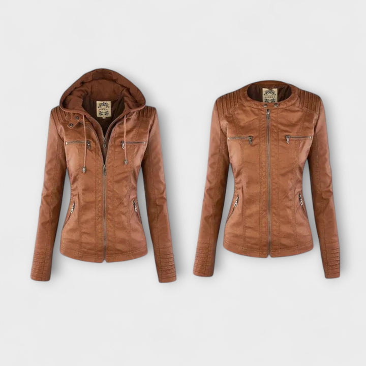 Amélie - Chaqueta de cuero marrón con cuello alto