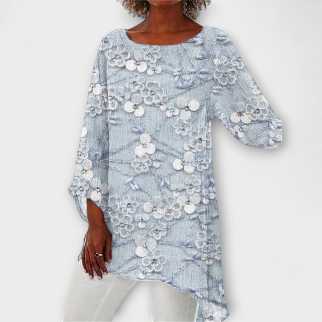 Harper - Blusa beige con estampado floral de cristal