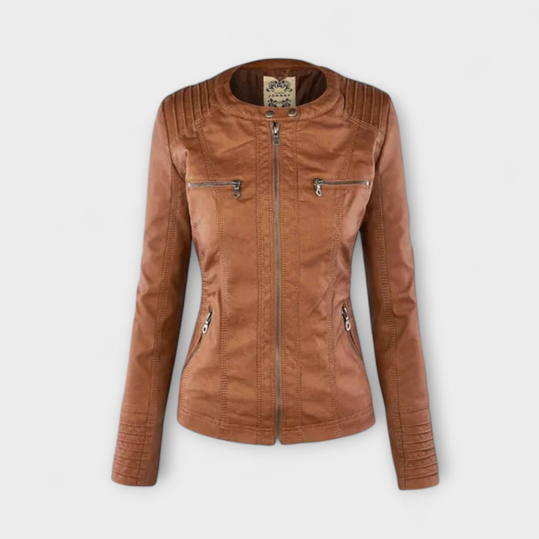 Amélie - Chaqueta de cuero marrón con cuello alto