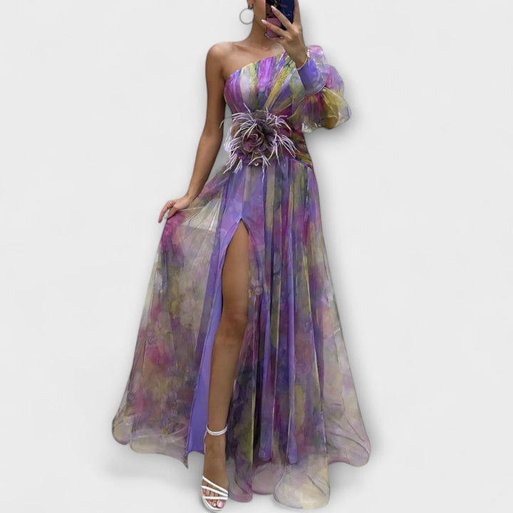 Minna - Vestido maxi asimétrico lila con estampado atractivo
