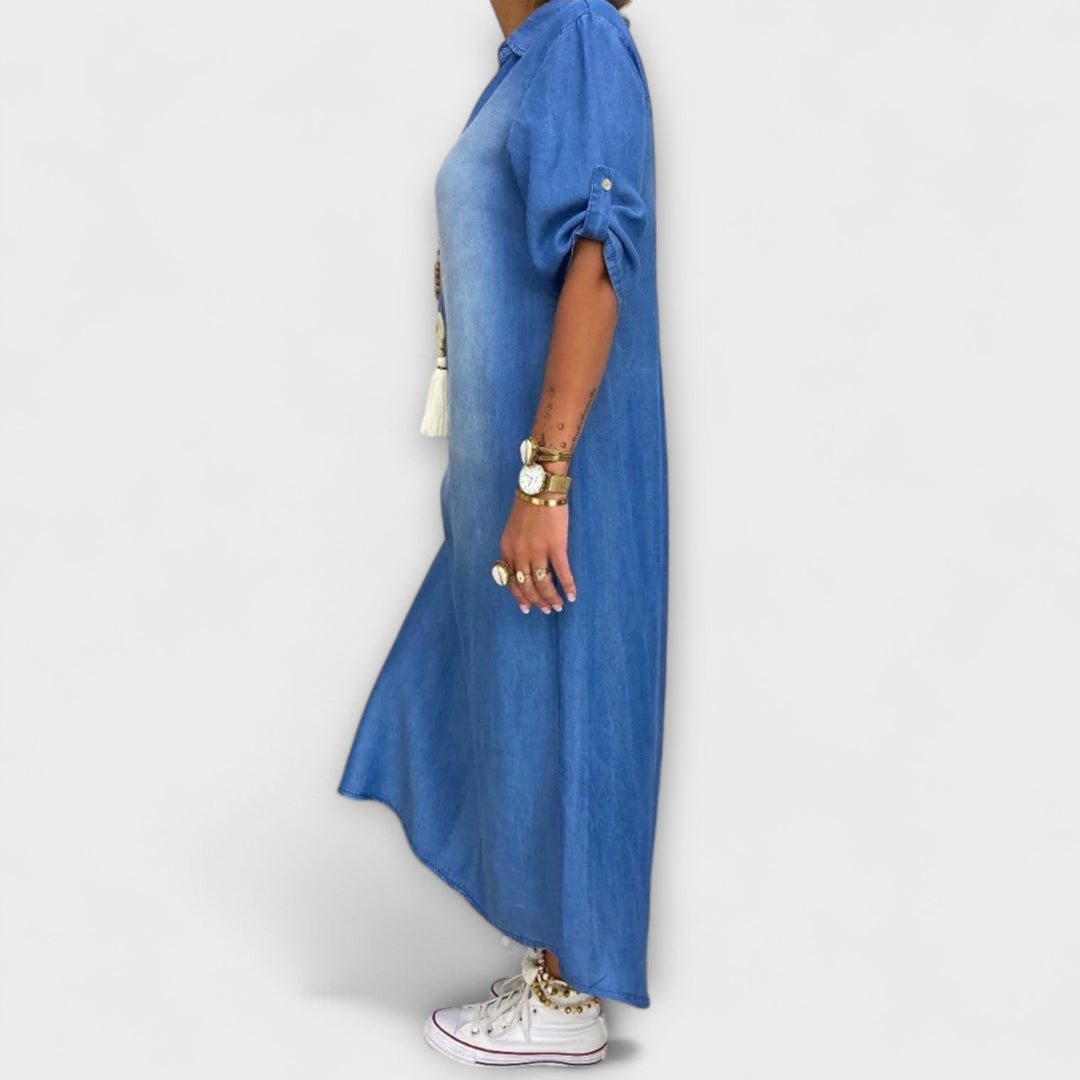 Lea - Vestido azul de estilo denim con abertura lateral