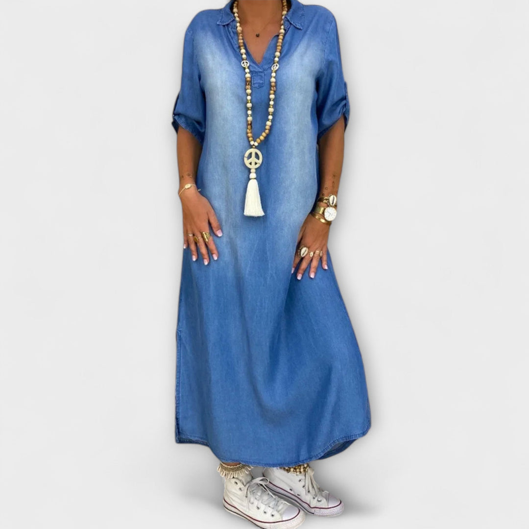 Lea - Vestido azul de estilo denim con abertura lateral