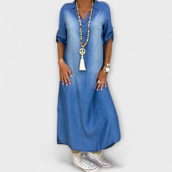 Lea - Vestido azul de estilo denim con abertura lateral