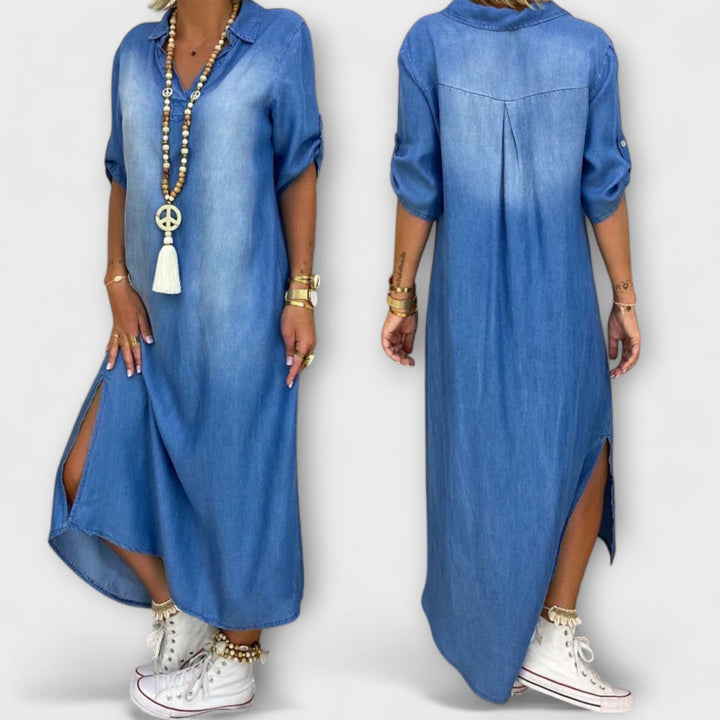 Lea - Vestido azul de estilo denim con abertura lateral