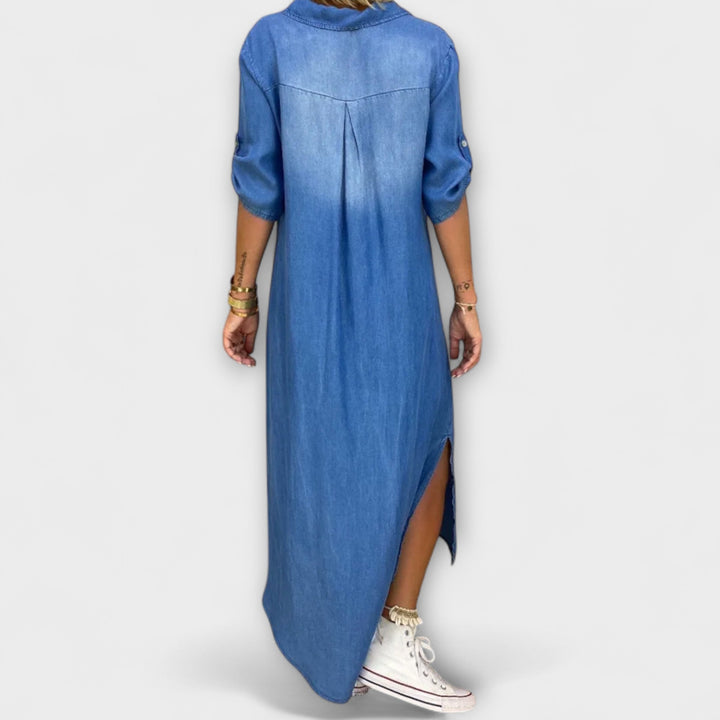 Lea - Vestido azul de estilo denim con abertura lateral