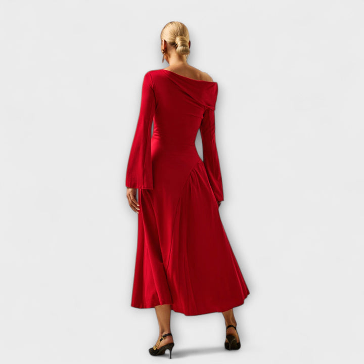 Willa - Vestido midi rojo con hombros al aire y mangas abullonadas