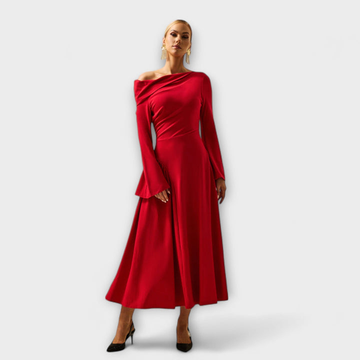 Willa - Vestido midi rojo con hombros al aire y mangas abullonadas