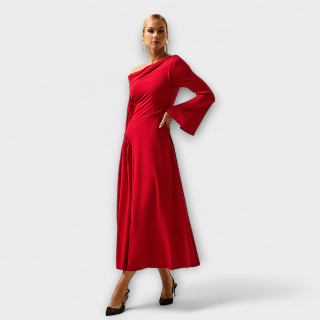 Willa - Vestido midi rojo con hombros al aire y mangas abullonadas