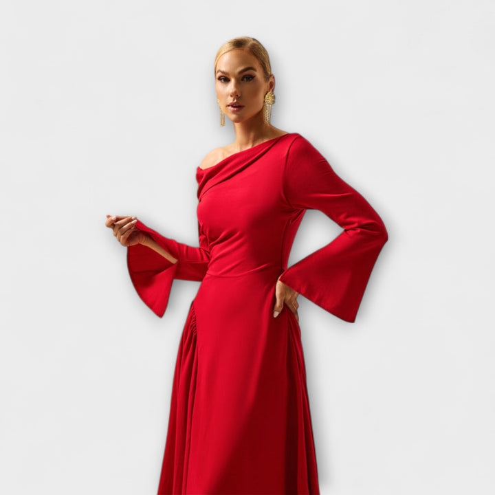 Willa - Vestido midi rojo con hombros al aire y mangas abullonadas