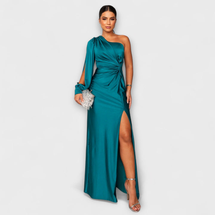 Elisa - Vestido de un solo hombro en color petróleo con fruncidos