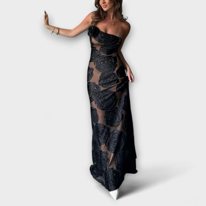 Sara - Vestido largo negro con estampado floral