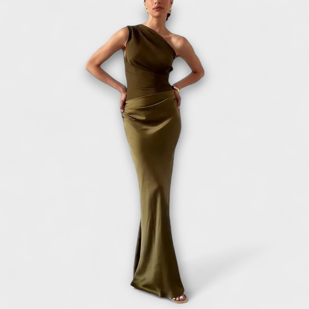 Vestido maxi elegante de un solo hombro en marrón