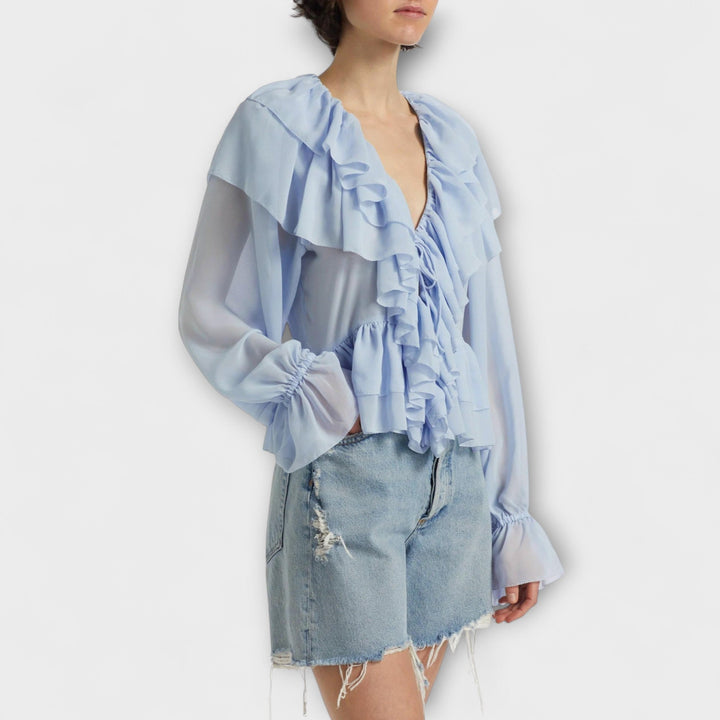 Martha - Camisa de volantes azul claro con rayas