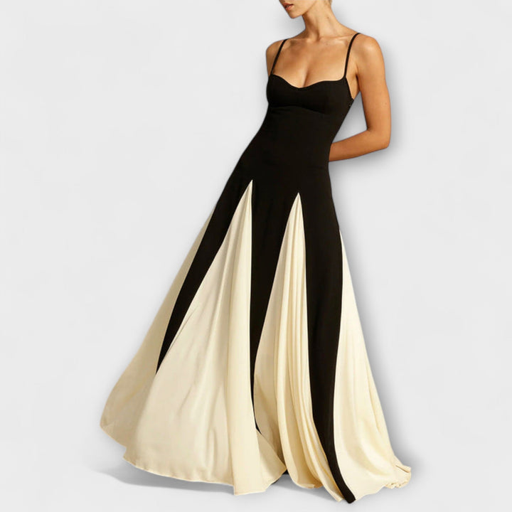 Ember - Vestido maxi A-line negro y crema con tul
